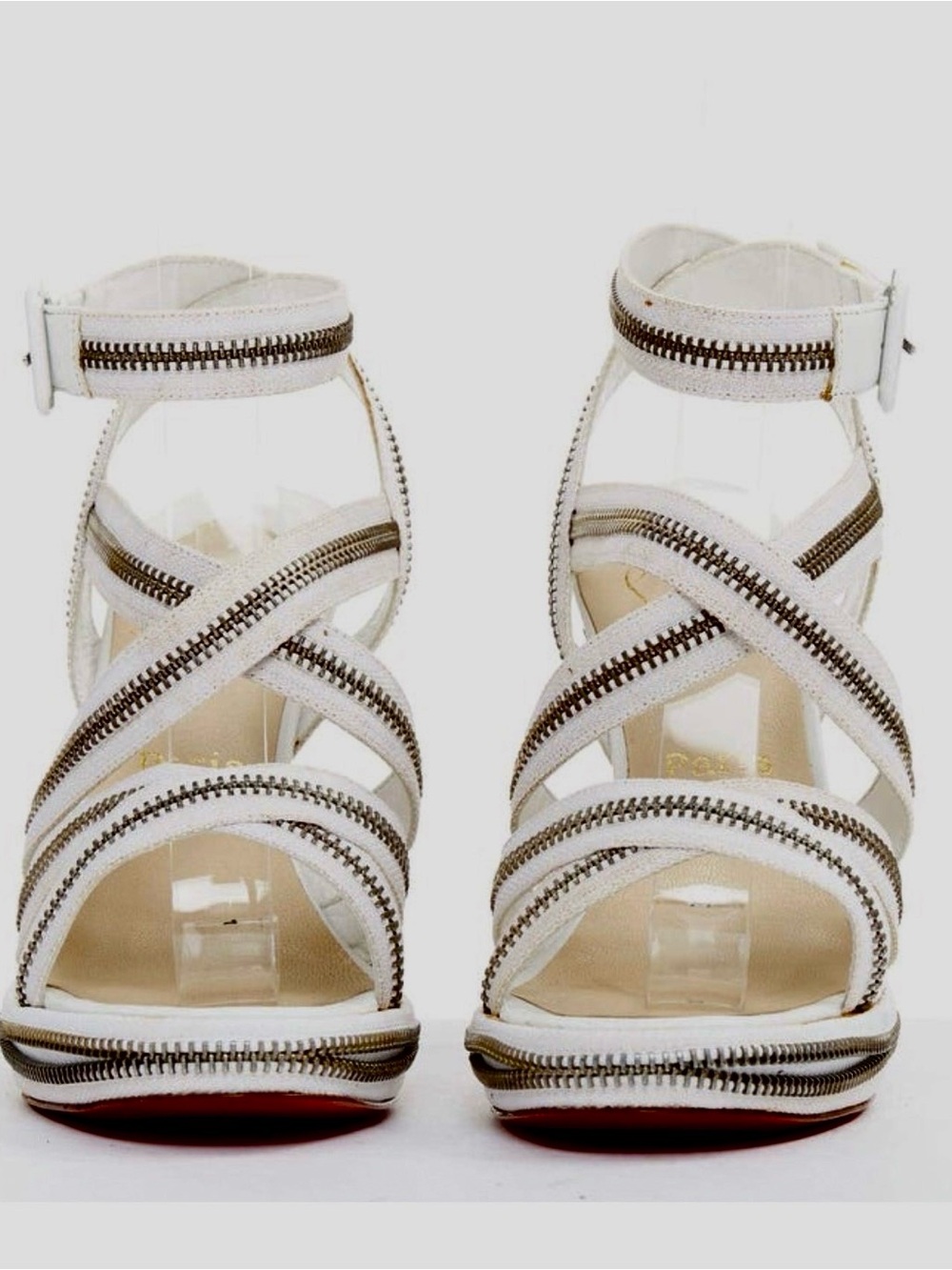 Christian Louboutin white Strappy Zipper-Trim High Heel Sandal w/ClassicRed Sole